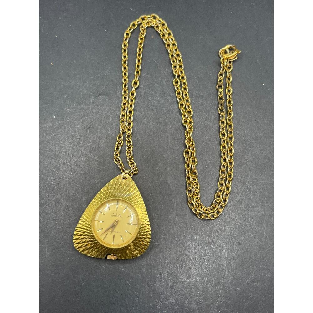 Vtg Impex Mechanical Wind Up Necklace Pendant Watch Gold Tone Swiss Made 30mm